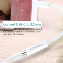 Promate USB-C to 3.5mm Adapter, Dynamic Stereo USB Type-C to 3.5mm Aux Microphone Connector Cable Adapter, AUXLink-C White