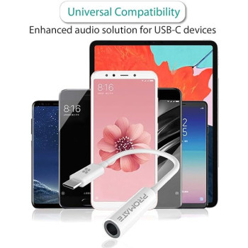 Promate USB-C to 3.5mm Adapter, Dynamic Stereo USB Type-C to 3.5mm Aux Microphone Connector Cable Adapter, AUXLink-C White