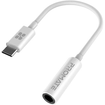 Promate USB-C to 3.5mm Adapter, Dynamic Stereo USB Type-C to 3.5mm Aux Microphone Connector Cable Adapter, AUXLink-C White