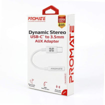 Promate USB-C to 3.5mm Adapter, Dynamic Stereo USB Type-C to 3.5mm Aux Microphone Connector Cable Adapter, AUXLink-C White