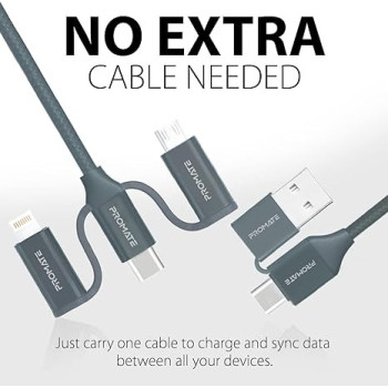 Promate 6-In-1 Multi Charging Cable, Lightning, USB-C, Micro USB Connectors to USB-A and USB-C Fast Sync Charging Cable Data Cord with 60W Type-C to Type-C, Grey
