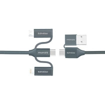 Promate 6-In-1 Multi Charging Cable, Lightning, USB-C, Micro USB Connectors to USB-A and USB-C Fast Sync Charging Cable Data Cord with 60W Type-C to Type-C, Grey