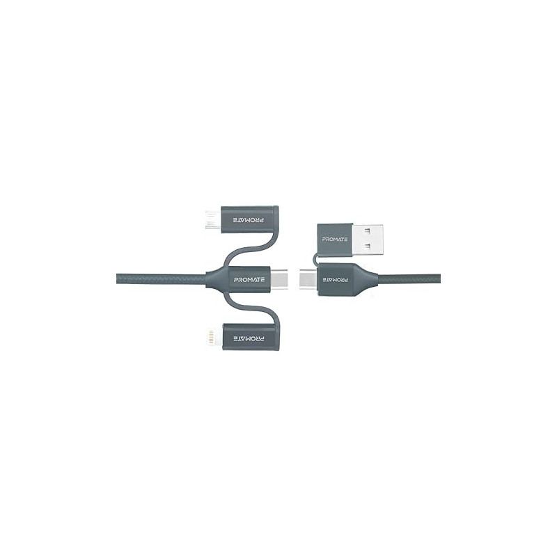 Promate 6-In-1 Multi Charging Cable, Lightning, USB-C, Micro USB Connectors to USB-A and USB-C Fast Sync Charging Cable Data Cord with 60W Type-C to Type-C, Grey