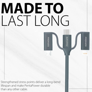 Promate 6-In-1 Multi Charging Cable, Lightning, USB-C, Micro USB Connectors to USB-A and USB-C Fast Sync Charging Cable Data Cord with 60W Type-C to Type-C, Grey