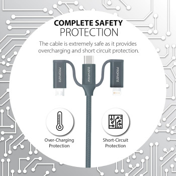 Promate 6-In-1 Multi Charging Cable, Lightning, USB-C, Micro USB Connectors to USB-A and USB-C Fast Sync Charging Cable Data Cord with 60W Type-C to Type-C, Grey