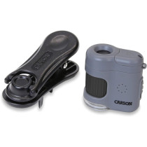 Carson MicroMini 20x LED Lighted Pocket Microscope with Built-in LED and UV Flashlight and Universal Smartphone Digiscoping Adapter Clip (MM-380)