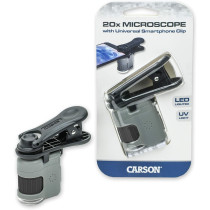 Carson MicroMini 20x LED Lighted Pocket Microscope with Built-in LED and UV Flashlight and Universal Smartphone Digiscoping Adapter Clip (MM-380)