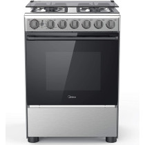 Midea 60X60Cm Freestanding Cooker, Full Gas Cooking Range With 4 Burners, Automatic Ignition And Safety, Cast Iron Pan Support, Stainless Steel Finish, Separate Knob For Oven Grill, Bme62058Ffd-D, 1 Year Warranty