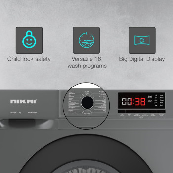 Nikai 7Kg 16 Programs Front Load Washer, Steam Wash, 1000 Rpm, 4 Star Energy Saving, Fully Automatic Washing Machine, Digital Lcd Display, Child Lock, Best For Home And Small Family - Nwm701Fn9S Silver, 1 Year Warranty