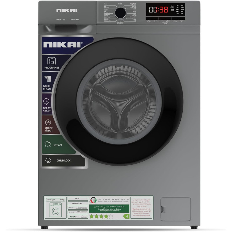 Nikai 7Kg 16 Programs Front Load Washer, Steam Wash, 1000 Rpm, 4 Star Energy Saving, Fully Automatic Washing Machine, Digital Lcd Display, Child Lock, Best For Home And Small Family - Nwm701Fn9S Silver, 1 Year Warranty