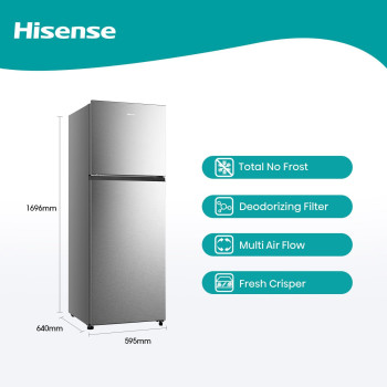 Hisense Rt418N4Asu Top Mount Refrigerator 320L Net Capacity, Twist Ice Maker, No Frost, Moisture Fresh Crisper, Led Interior Light,Deodorizing Filter,Multi Air Flow,Silver, 1 Year Warranty