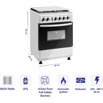 Super General Freestanding Gas-Cooker 4-Burner Full-Safety, Stainless-Steel Cooker, Gas Oven With Rotisserie, Automatic Ignition, Silver, 60 X 60 X 85 Cm, Sgc-6470-Msfs, 1 Year Warranty