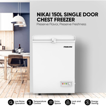 Nikai 150L Single Door Chest Freezer With Storage Basket, High Energy Efficiency Cooling System, Adjustable Temperature, Child Lock, Silent Operation, Ideal For Home And Restaurants - NCF150N7 (White), 1 Year Warranty