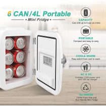 Crownful Mini Fridge, 4 Liter 6 Can Portable Cooler And Warmer Personal Fridge For Skin Care, Cosmetics, Food, Great For Bedroom, Office, Car, Dorm, Etl Listed (White), 1 Year Warranty