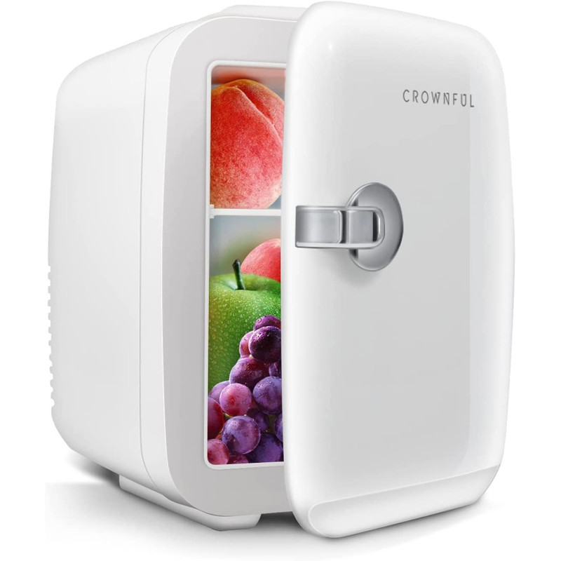 Crownful Mini Fridge, 4 Liter 6 Can Portable Cooler And Warmer Personal Fridge For Skin Care, Cosmetics, Food, Great For Bedroom, Office, Car, Dorm, Etl Listed (White), 1 Year Warranty