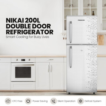 Nikai 200L Gross, Net 127L Net, Double Door Refrigerator, Adjustable Glass Shelves, Convenient Defrosting, Temperature Control, Energy Saving R600A Gas, Silent Operation, Ideal For Home, Office And Hotels NRF200DN3M, Silver, 1 Year Warranty