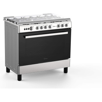 Midea 90X60Cm Freestanding Cooker, Full Gas Cooking Range With 5 Burners, Automatic Ignition And Full Safety, Cast Iron Pan Support, Stainless Steel Finish, Separate Knob For Oven And Grill, Lme95028Ffd, 1 Year Warranty