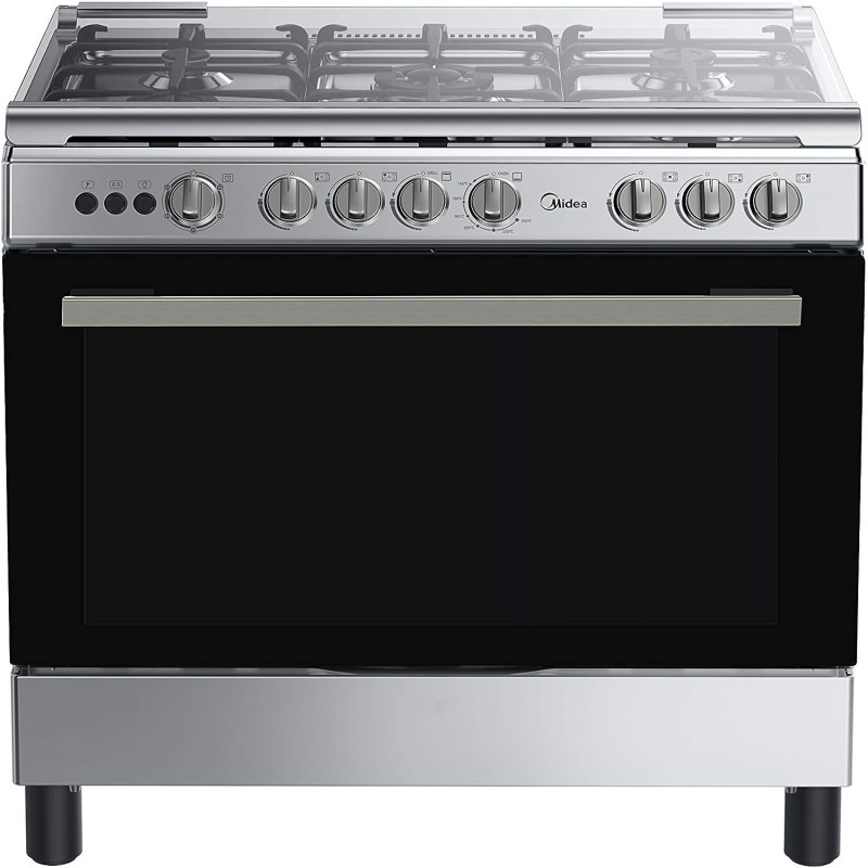 Midea 90X60Cm Freestanding Cooker, Full Gas Cooking Range With 5 Burners, Automatic Ignition And Full Safety, Cast Iron Pan Support, Stainless Steel Finish, Separate Knob For Oven And Grill, Lme95028Ffd, 1 Year Warranty