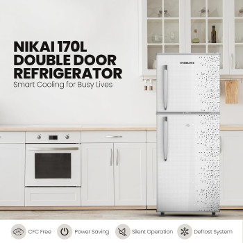 Nikai 170L Gross, 112L Net Double Door Refrigerator With Vegetable Crisper And Adjustable Glass Shelves, Convenient Defrosting And Temperature Control, Ideal For Kitchen, Bedroom, Office And Hotels - Nrf170Dn3M (Silver), 1 Year Warranty