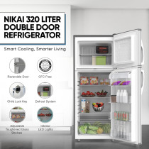 Nikai 320L Double Door Top Mount Refrigerator, 2 Glass Shelves And Bottle Storage Racks, Power Saving R600A Gas, Cfc Free, Silent Operation Best For Home, Office With Child Lock Key-Nrf320Dn5S Silver, 1 Year Warranty