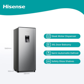 Hisense 233 Liter Refrigerator, Single Door Compact Silver, With Water Dispenser, Model Rr233N4Wsu -1 Years Full And 5 Years Compressor Warranty.