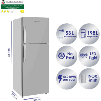 Super General 360 Litres Gross Compact Double Door Refrigerator-Freezer, No-Frost, Led-Light, Inox, SGR-360I, 1 Year Warranty