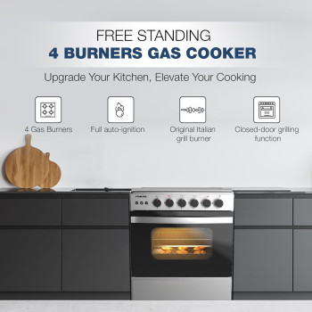 Nikai 60X60Cm 4 Burner Full Safety Freestanding Gas Cooker, Auto Ignition, Double Glass Oven Door For Close Door Grilling With Turnspit, Glass Lid And Oven Lamp, St. Steel Finish - U6068FSE1 (Silver), 1 Year Warranty