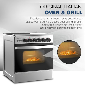 Nikai 60X60Cm 4 Burner Full Safety Freestanding Gas Cooker, Auto Ignition, Double Glass Oven Door For Close Door Grilling With Turnspit, Glass Lid And Oven Lamp, St. Steel Finish - U6068FSE1 (Silver), 1 Year Warranty