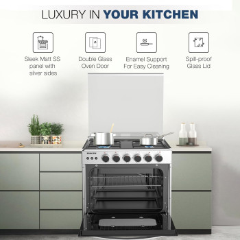 Nikai 60X60Cm 4 Burner Full Safety Freestanding Gas Cooker, Auto Ignition, Double Glass Oven Door For Close Door Grilling With Turnspit, Glass Lid And Oven Lamp, St. Steel Finish - U6068FSE1 (Silver), 1 Year Warranty