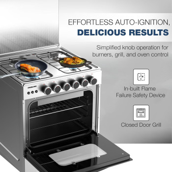 Nikai 60X60Cm 4 Burner Full Safety Freestanding Gas Cooker, Auto Ignition, Double Glass Oven Door For Close Door Grilling With Turnspit, Glass Lid And Oven Lamp, St. Steel Finish - U6068FSE1 (Silver), 1 Year Warranty