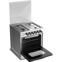 Nikai 60X60Cm 4 Burner Full Safety Freestanding Gas Cooker, Auto Ignition, Double Glass Oven Door For Close Door Grilling With Turnspit, Glass Lid And Oven Lamp, St. Steel Finish - U6068FSE1 (Silver), 1 Year Warranty
