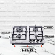 Nikai 4 Burner Gas Hob With Auto Ignition, Cast Iron Support, Full Safety Features, Straight Flame, Stainless Steel Body, Rapid Burner, Semi-Rapid Burner, Auxiliary Burner - Ngh3005N, 1 Year Warranty