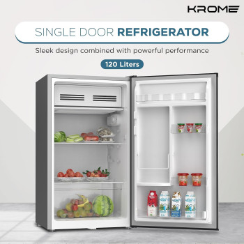 Krome 120L Single Door Refrigerator, Energy Class E F, Ideal For Small Spaces, Reversible Door, Mini Fridge Suitable For Kitchen, Bedroom, Office And Bar, Inox Silver, KR-RDC120H, 1 Year Warranty