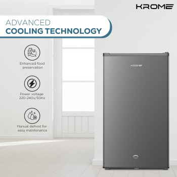 Krome 120L Single Door Refrigerator, Energy Class E F, Ideal For Small Spaces, Reversible Door, Mini Fridge Suitable For Kitchen, Bedroom, Office And Bar, Inox Silver, KR-RDC120H, 1 Year Warranty