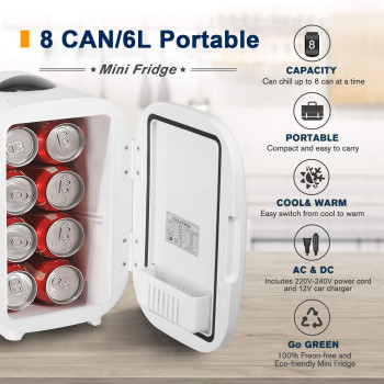 TDOO Mini Makeup Fridge, 6 Liter 9 Can Ac Dc Portable Thermo Electric Cooler And Warmer Refrigerators For Skincare, Beverage, Food, Home, Office And Car, Includes Plugs For Home Outlet And 12V Car Charger, 1 Year Warranty