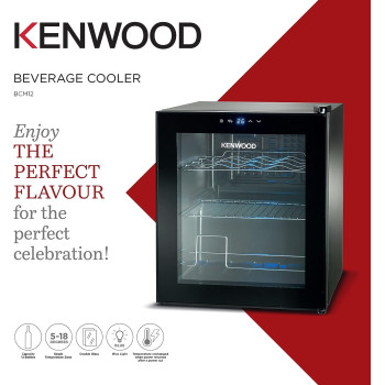 Kenwood Beverage Cooler 12 Bottles Wine Cooler Refrigerator With Double Glass Door, Blue Light, Smart Temperature Control Bcm12.000Bk, Black, 1 Year Warranty