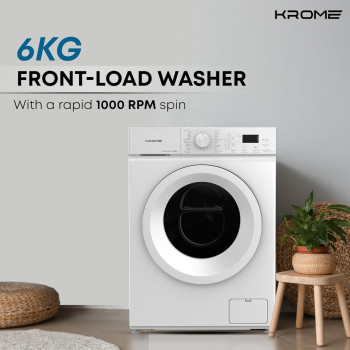 Krome 6 Kg 1000 Rpm Front Load Washing Machine, Led Display With Universal Motor, 5 Star Energy Efficient, 16 Wash Programs With Variable Temperature Setting, White - KR-WFL60S, 1 Year Warranty