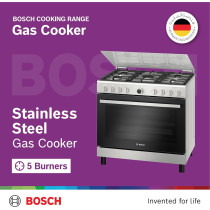 Bosch Cooking Range 147 Litres, Gas Cooker 90-60 Cm, Stainless Steel Gas Range Cooker, German Engineering Gas Cooker Hgv1D0V50M, 1 Year Warranty