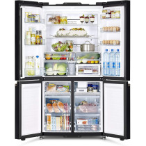 Hitachi 720L Gross Side By Side 4 Door Premium Refrigerator, 1 French Door Fridge, Dual Fan Cooling, Automatic Ice Maker-Quick Freezing Glass, Black, Model - RWB720Vuk0Gbk With  Year Full & 10-Year Warranty on Inverter Compressor
