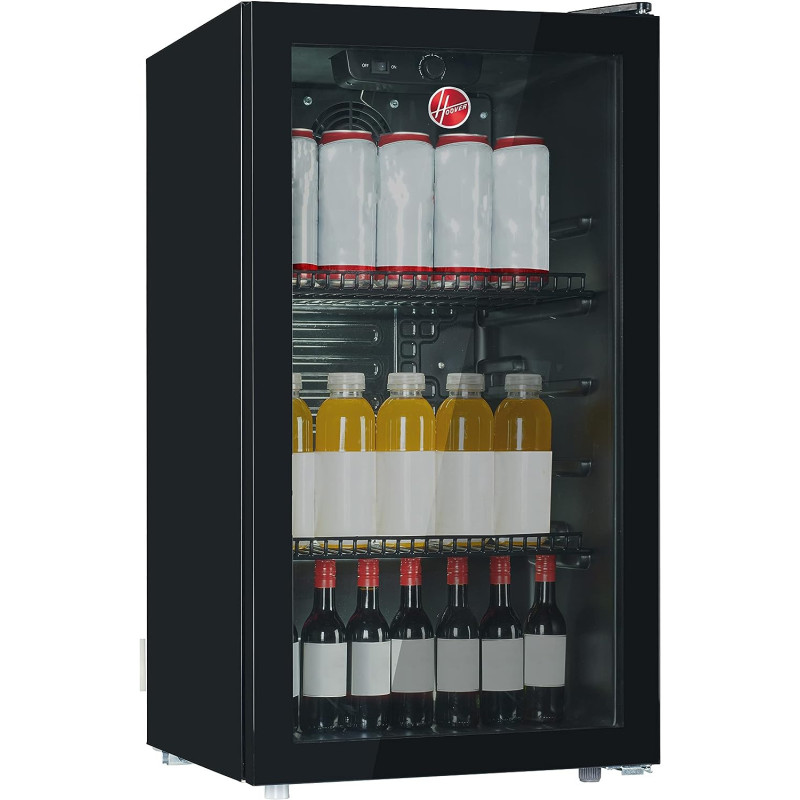 Hoover 117L Single Door Beverage Cooler, Freestanding Fridge With Led Light, 3 Wired Shelves, Single Temperature Zone 5-18 Degrees, Perfect Chiller For Beer, Wine, Soda And Soft Drinks, Black, Hbc-K117B, 1 Year Warranty