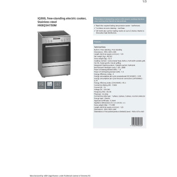 Siemens Freestanding Electric Cooker - Hk8Q3A150M, 1 Year Warranty