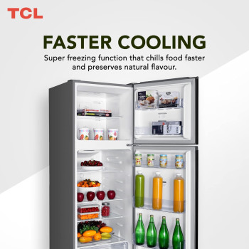 TCL 433 Litre Double Door Refrigerator, No Frost, Humidity Crisper Control, Led Light, Inox Finish, P433TMN, 1 Year Warranty