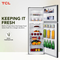 TCL 433 Litre Double Door Refrigerator, No Frost, Humidity Crisper Control, Led Light, Inox Finish, P433TMN, 1 Year Warranty
