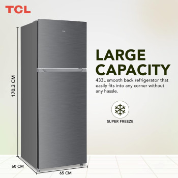 TCL 433 Litre Double Door Refrigerator, No Frost, Humidity Crisper Control, Led Light, Inox Finish, P433TMN, 1 Year Warranty