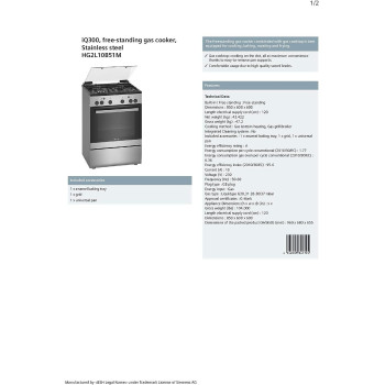 Siemens Freestanding Gas Cooker, 60 Cm - HG2L10B51M, Min 1 Year Manufacturer Warranty