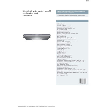 Siemens Built Under Cooker Hood Stainless Steel, 90 Cm - LU26150GB, Min 1 Year Manufacturer Warranty