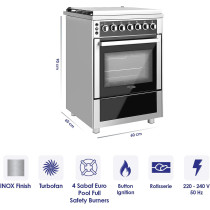 Super General Freestanding Gas-Cooker 4-Burner Full-Safety, Stainless-Steel Cooker, Gas Oven With Rotisserie, Turbo-Fan, Button Ignition, Silver, 60 X 60 X 90 Cm, Sgc-616-Fsbgofr, 1 Year Warranty