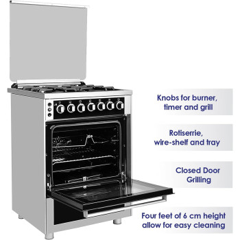 Super General Freestanding Gas-Cooker 4-Burner Full-Safety, Stainless-Steel Cooker, Gas Oven With Rotisserie, Turbo-Fan, Button Ignition, Silver, 60 X 60 X 90 Cm, Sgc-616-Fsbgofr, 1 Year Warranty