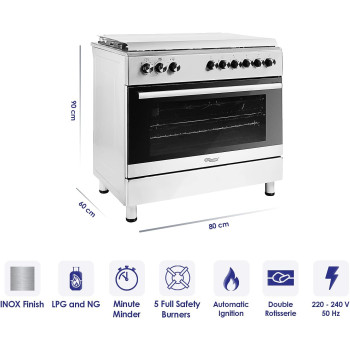 Super General Freestanding Gas-Cooker 5-Burner Full-Safety, Steel Cooker, Gas Oven With Thermostat, Double-Rotisserie, Automatic Ignition, Silver, 90 X 60 X 85 Cm, Sgc-9603-Fshg, 1 Year Warranty