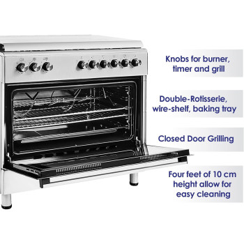 Super General Freestanding Gas-Cooker 5-Burner Full-Safety, Steel Cooker, Gas Oven With Thermostat, Double-Rotisserie, Automatic Ignition, Silver, 90 X 60 X 85 Cm, Sgc-9603-Fshg, 1 Year Warranty